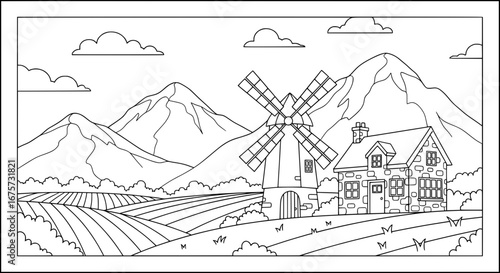 Scenic mountain landscape with windmill and farmland with transparent background