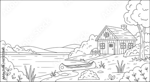 Landscape scene of a lakeside house with transparent background