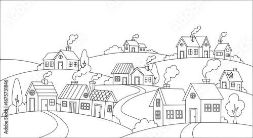 Hilly neighborhood with houses and trees on transparent background