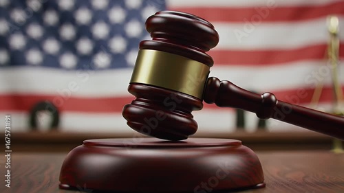 Brown Wooden Gavel with Gold Scales in Front of American Flag Background Representing Law and Justice on Wooden Desk