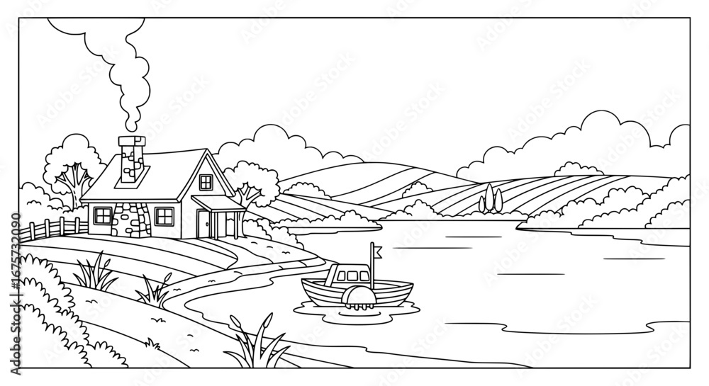 Obraz premium Scenic landscape with house river and mountains with transparent background