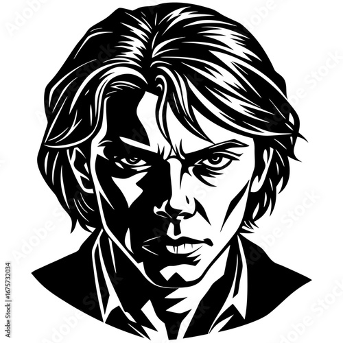 Dramatic black and white portrait of a man with piercing eyes, windswept hair, and intense shadows in bold graphic style