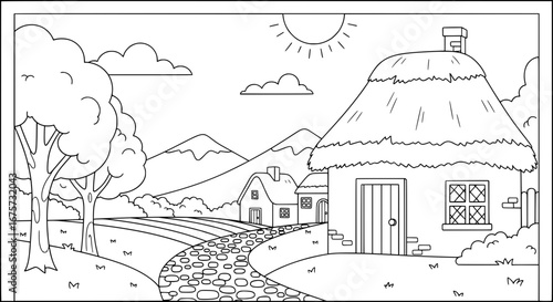 Scene of rural houses and mountains with transparent background