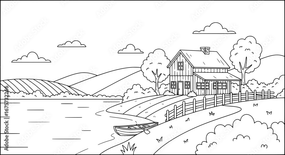 Obraz premium Rural landscape with a house, trees, and water with transparent background