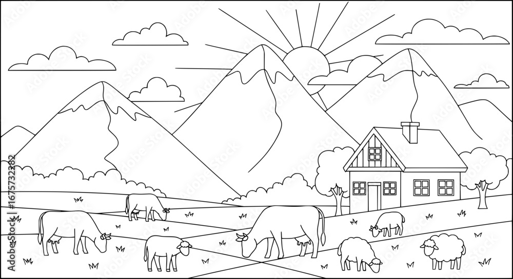 Fototapeta premium Mountain landscape with house and cows with transparent background