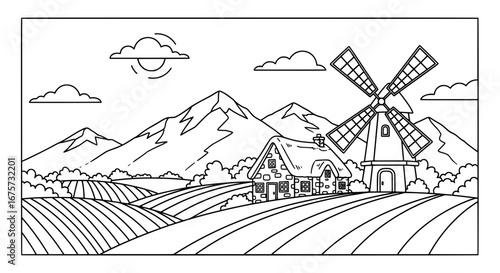 Mountain landscape with windmill and fields with transparent background