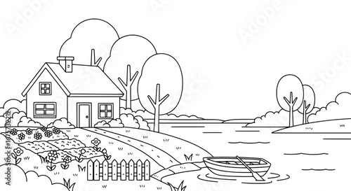 Scenic rural landscape with house trees and boat with transparent background