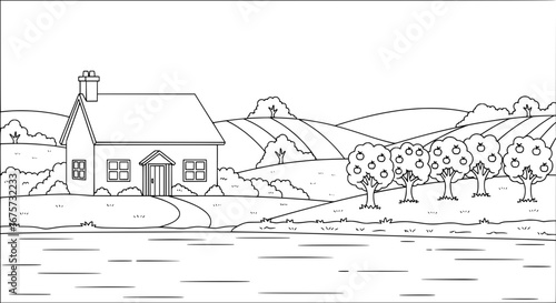 Scenic rural landscape with house and orchard with transparent background