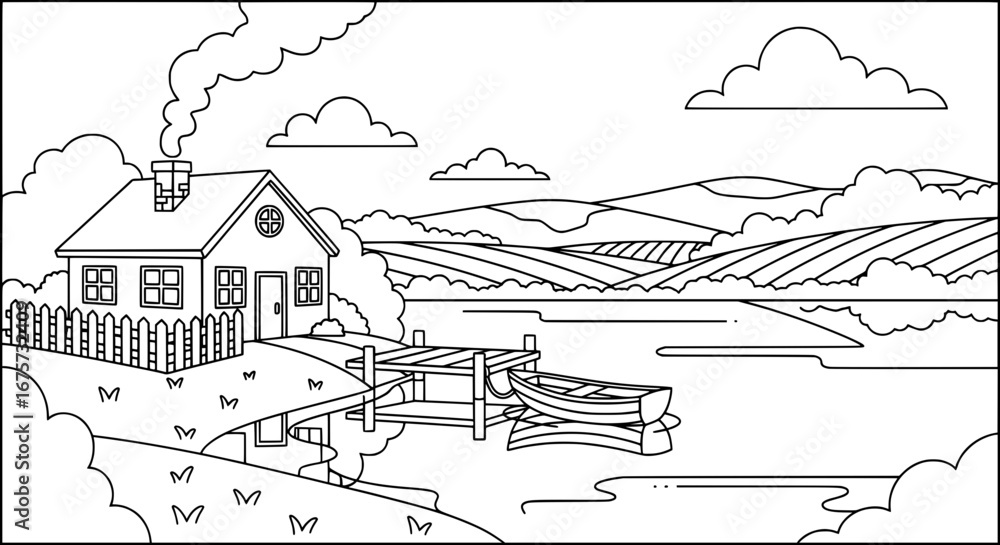 Obraz premium Rural landscape with house, river and mountains with transparent background