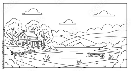 Scenic lakeside landscape with trees and house with transparent background
