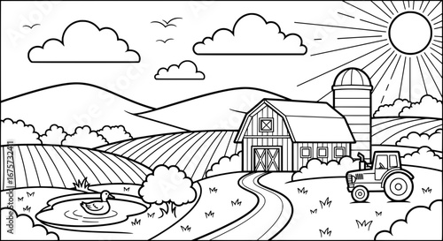 Farm landscape with barn and tractor with transparent background