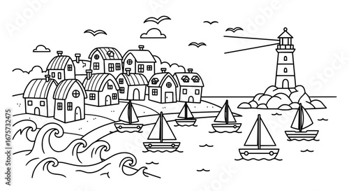 Seaside village with lighthouse and boats with transparent background