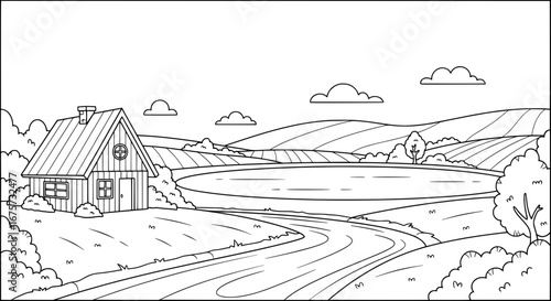 Landscape of rural house and fields with transparent background