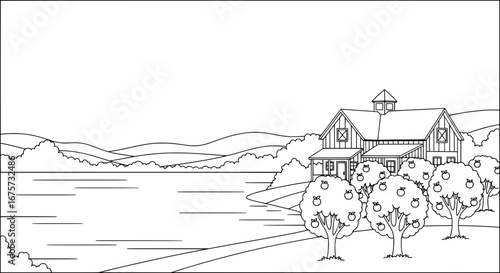 Scenic landscape with house trees and lake with transparent background