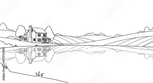 Rural landscape with house and lake with transparent background