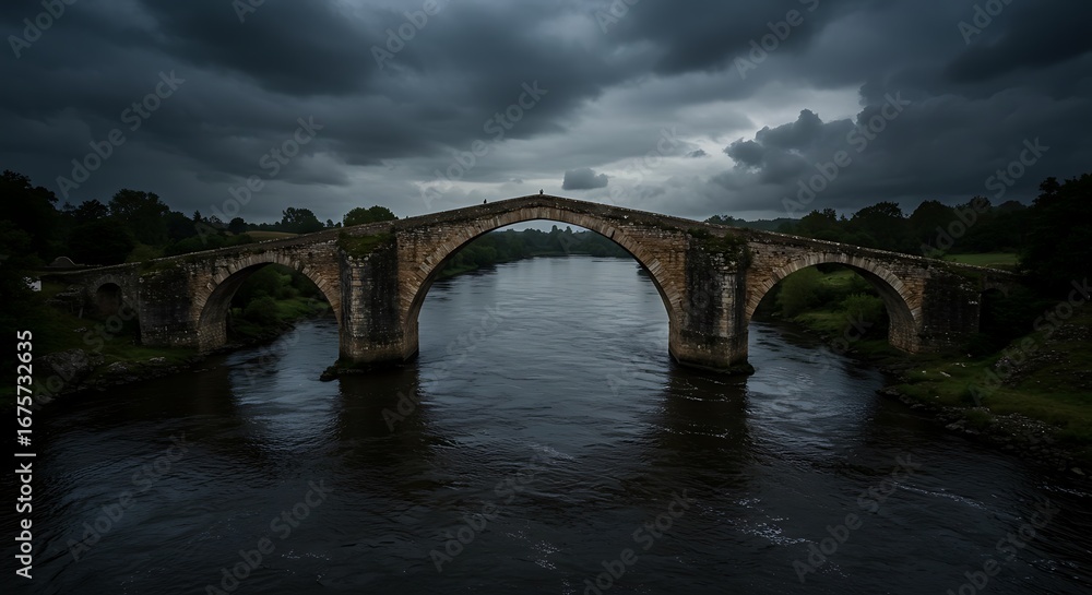 Fototapeta premium Stone bridge emerging during stormy evening, stone walls weathered featuring dramatic lighting and textures