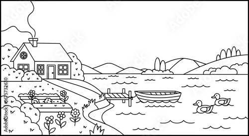 Landscape of lakeside house with ducks and mountains with transparent background