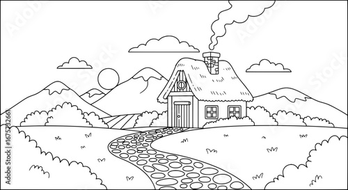 Mountain landscape with house and pathway with transparent background