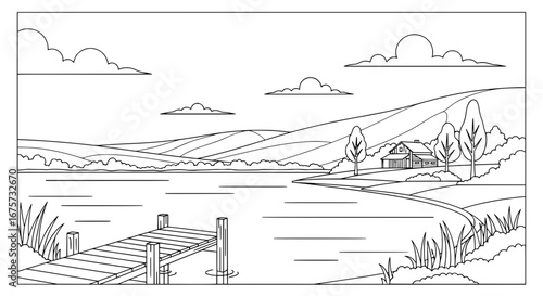 Scenic river landscape with house and trees with transparent background