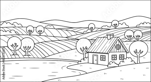 Rural landscape with house and fields with transparent background