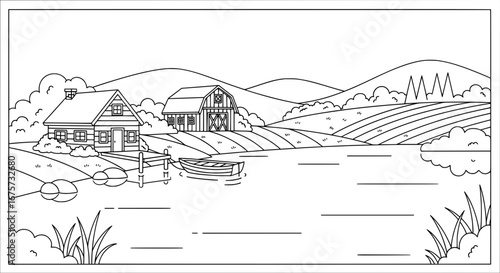 Scenic countryside with farmhouses and boat on river with transparent background