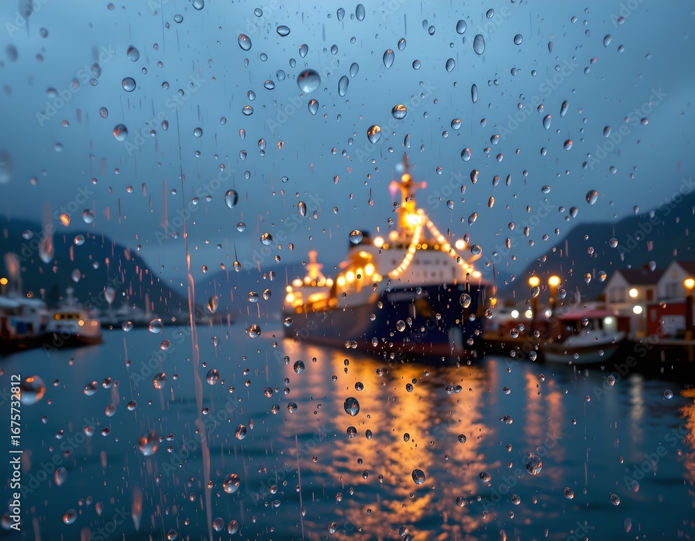 Fototapeta premium Rainy Night Harbor Scene with Illuminated Ship