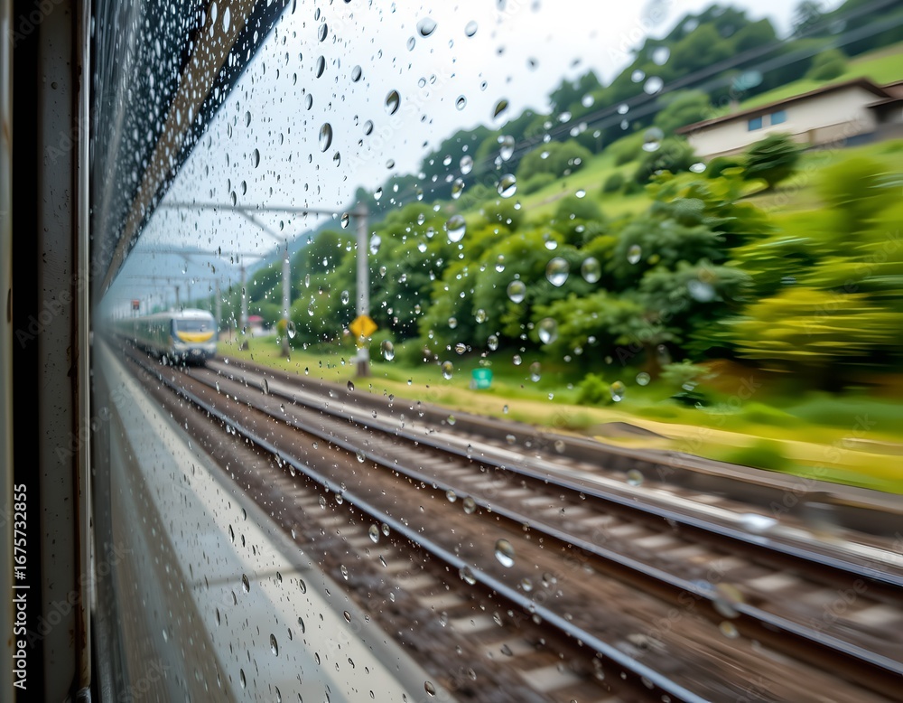 Fototapeta premium Rural Train Station with Moving Train Rainy Environment