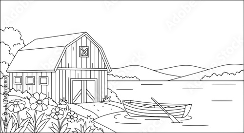 Barn by water with transparent background