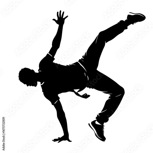 Black and white silhouette of breakdancer performing handstand split, capturing motion, athleticism, and artistic balance