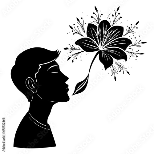 Minimalist silhouette of serene profile exhaling intricate lily flower, symbolizing peace, inner beauty, and creativity