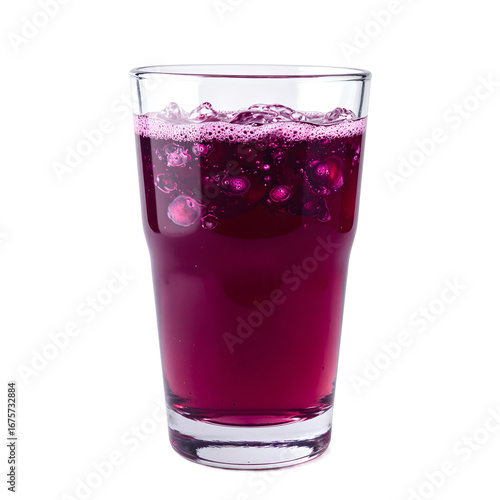 Vibrant purple grape juice in a wide glass with glowing hues and air bubbles isolated on white, isolated