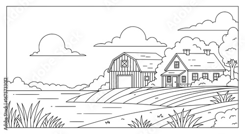 Farmhouse and barn with transparent background