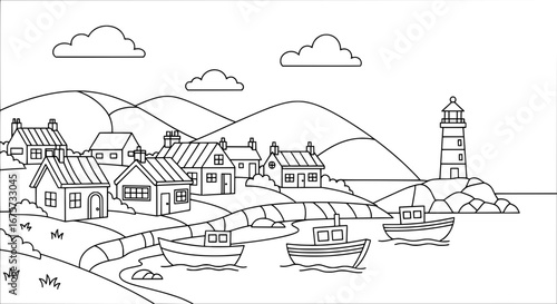 Coastal village scene with lighthouse and boats with transparent background