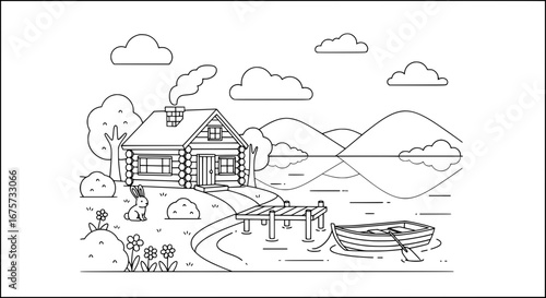 Scenic lakeside cabin scene with transparent background