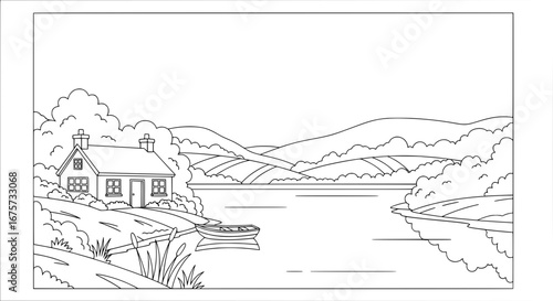 Scenic landscape with house and river with transparent background