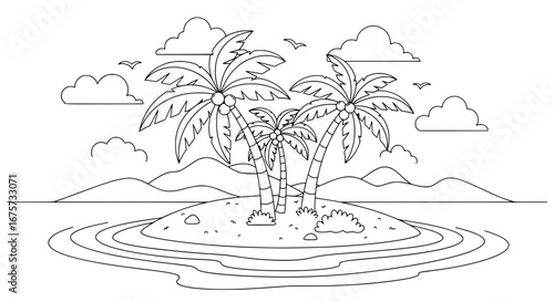Tropical island with palm trees and clouds with transparent background