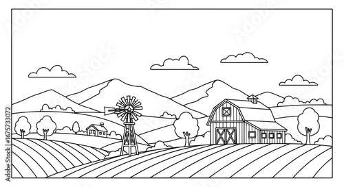 Scenic rural landscape with barn windmill and rolling hills with transparent background