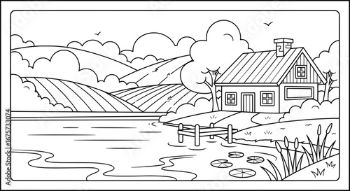 Rural landscape with house trees and river with transparent background