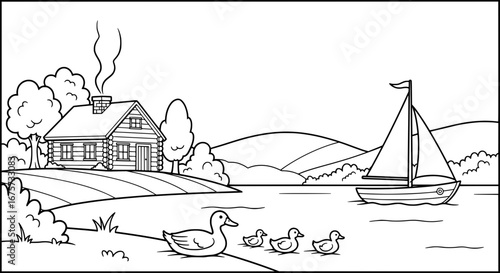 Scenic lakeside cabin with sailboat and ducks with transparent background