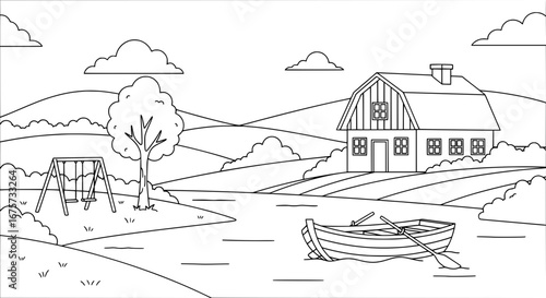 Scenic lakeside landscape with house and boat with transparent background