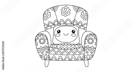 Decorative armchair with patterned upholstery and transparent background