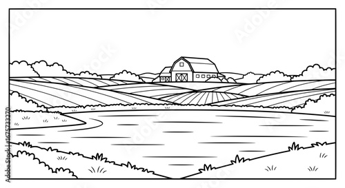 Landscape scene of farm with barn and fields with transparent background
