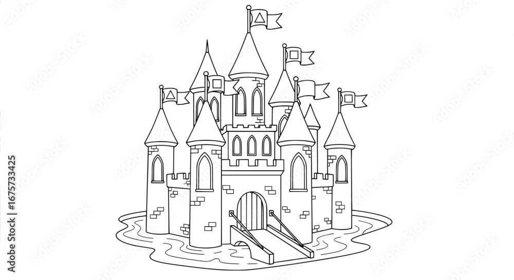 Fototapeta premium Castle with turrets and flags on transparent background