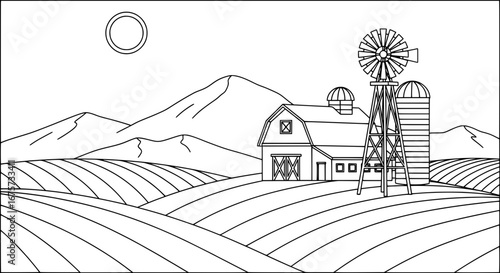 Farm landscape with windmill and silo with transparent background
