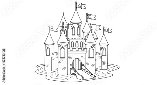 Castle with turrets and flags on transparent background