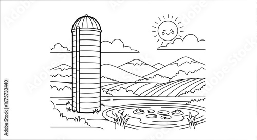 Scenic mountain landscape with water tower and sunny sky with transparent background