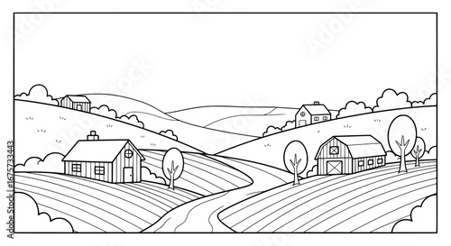 Scenic rural landscape with rolling hills and farmhouses with transparent background