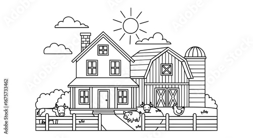 Farmhouse with animals and barn on sunny day with transparent background