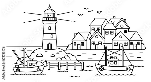 Harbor scene with lighthouse and houses with transparent background
