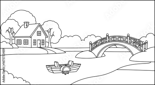 House with trees and bridge in outdoor scene with transparent background
